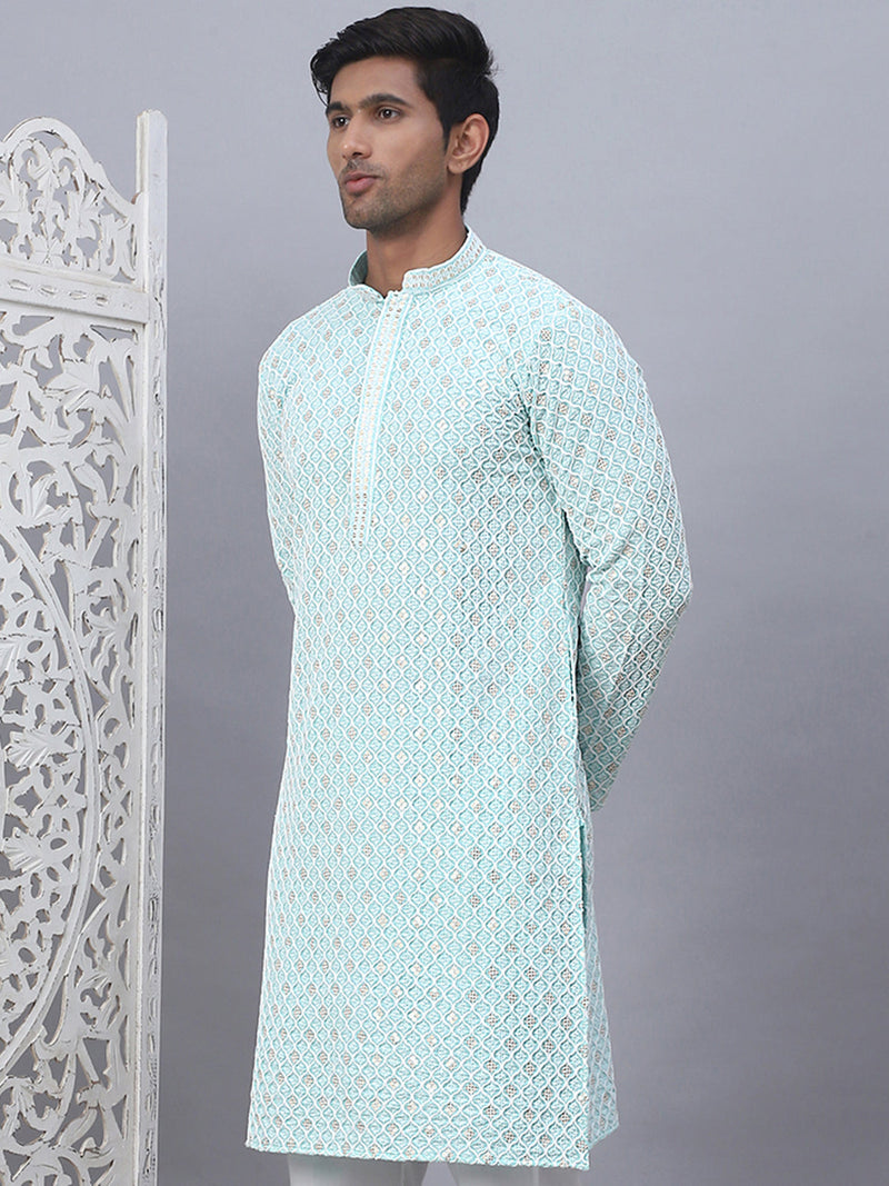 Men's Sky Blue Chikankari Embroidered and Sequence Kurtas