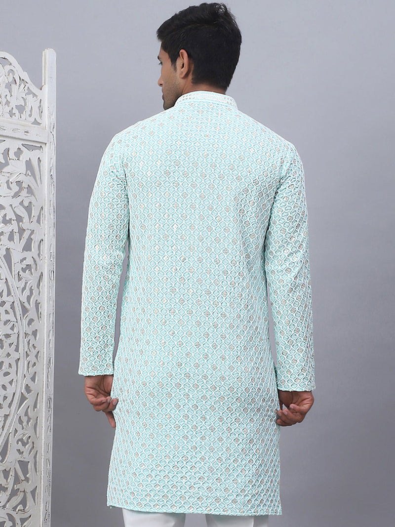 Men's Sky Blue Chikankari Embroidered and Sequence Kurtas