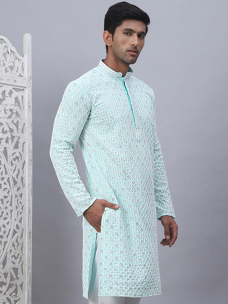 Men's Sky Blue Chikankari Embroidered and Sequence Kurtas