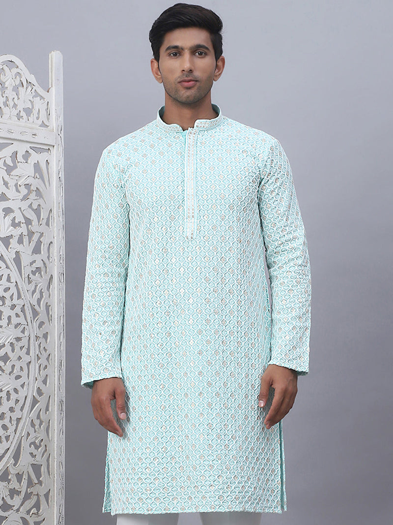 Men's Sky Blue Chikankari Embroidered and Sequence Kurtas