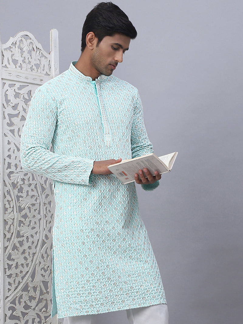 Men's Sky Blue Chikankari Embroidered and Sequence Kurtas