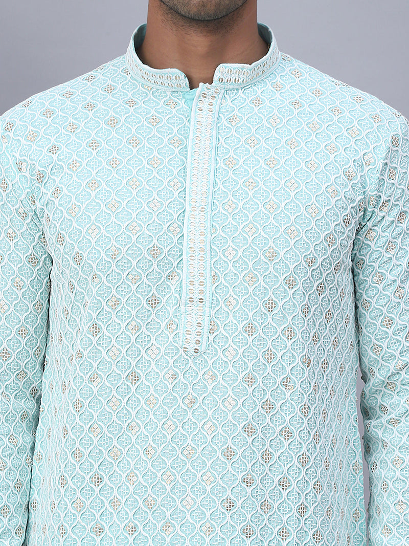 Men's Sky Blue Chikankari Embroidered and Sequence Kurtas