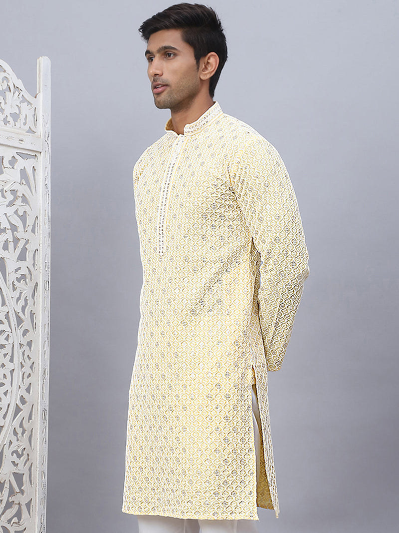 Men's Yellow Chikankari Embroidered and Sequence Kurtas