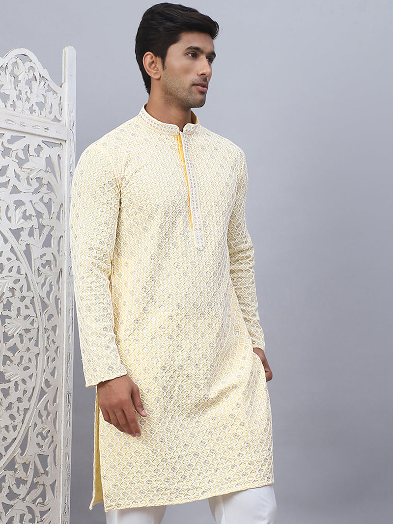 Men's Yellow Chikankari Embroidered and Sequence Kurtas