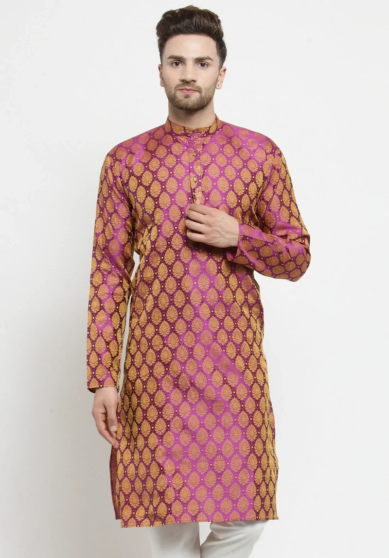 Men Pink-Colored & Golden Self Design Kurta Only ( KO 586 Pink )