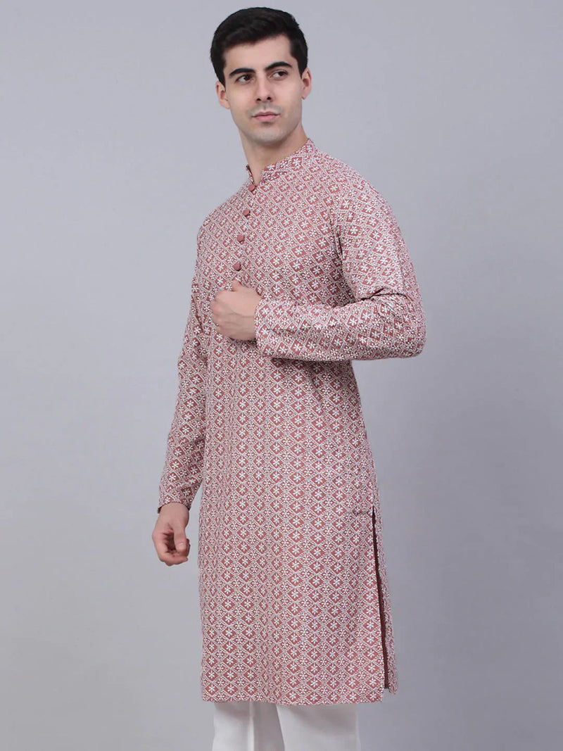 Men's Coral Red & White Embroidered Straight Kurtas ( KO 626 Coral )