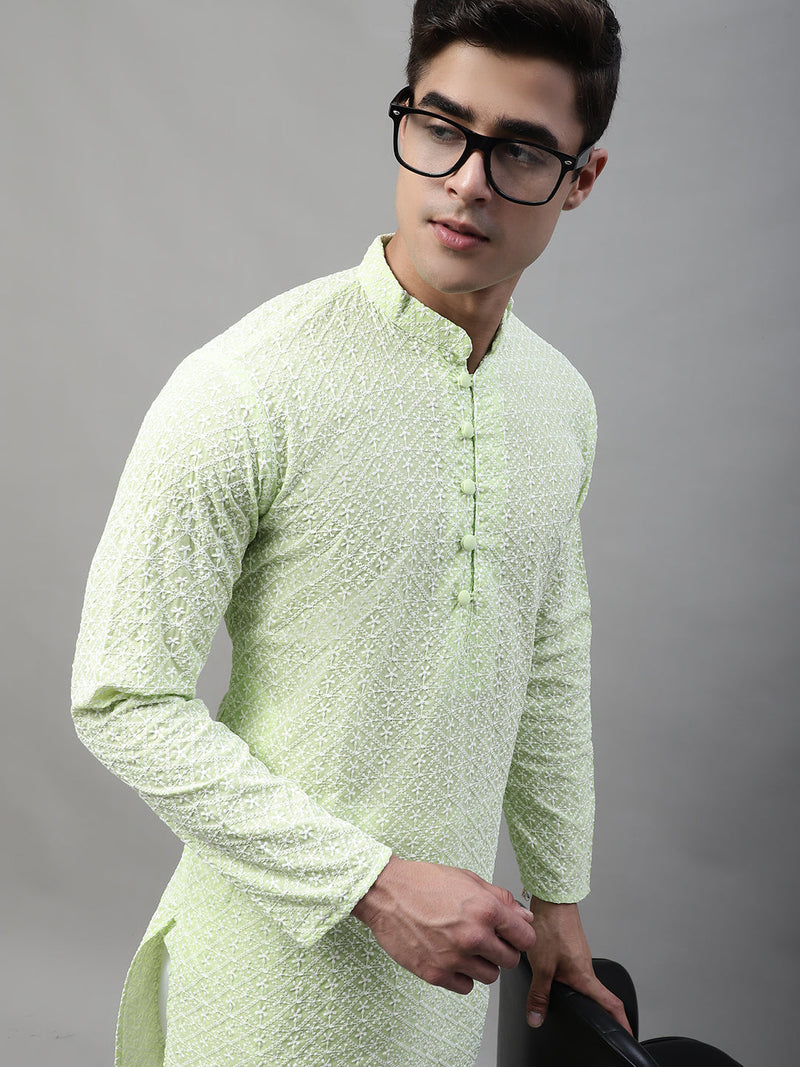 Jompers Men's Green Embroidered Kurta Only