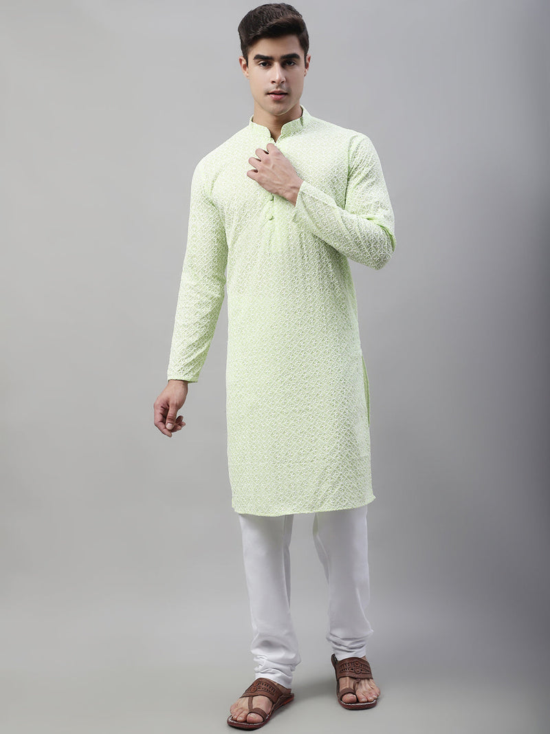 Jompers Men's Green Embroidered Kurta Only