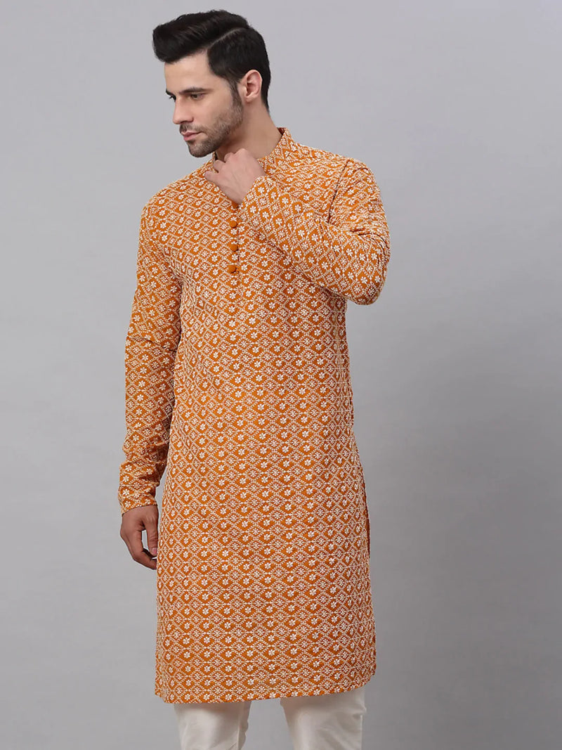 Men's Mustard & White Embroidered Straight Kurtas ( KO 626 Mustard )