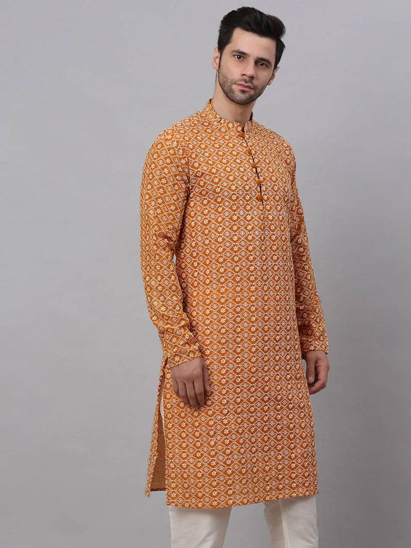 Men's Mustard & White Embroidered Straight Kurtas ( KO 626 Mustard )