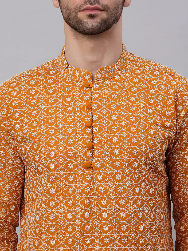 Men's Mustard & White Embroidered Straight Kurtas ( KO 626 Mustard )