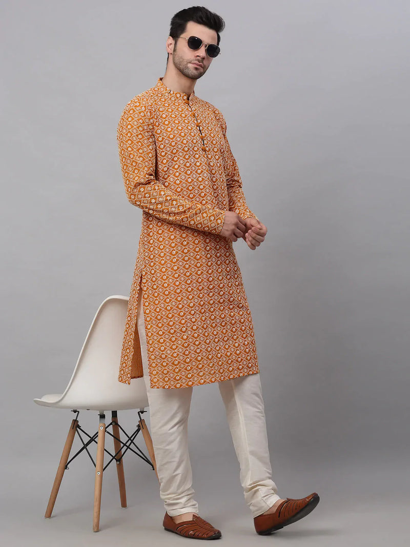 Men's Mustard & White Embroidered Straight Kurtas ( KO 626 Mustard )