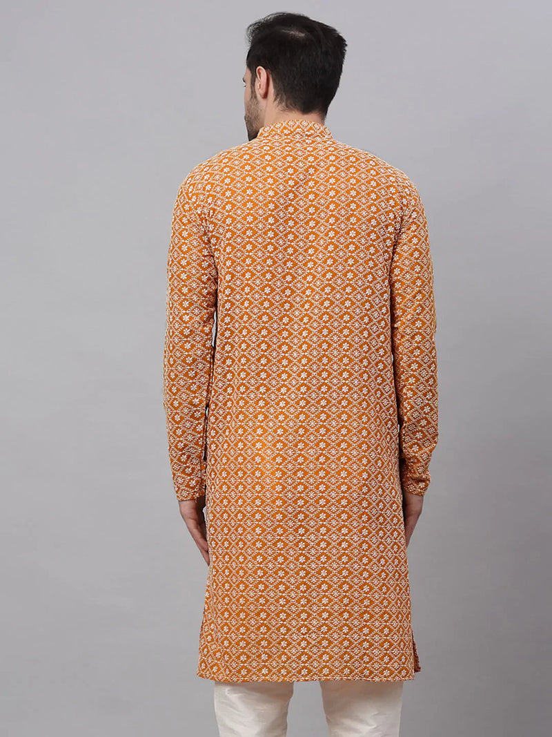 Men's Mustard & White Embroidered Straight Kurtas ( KO 626 Mustard )