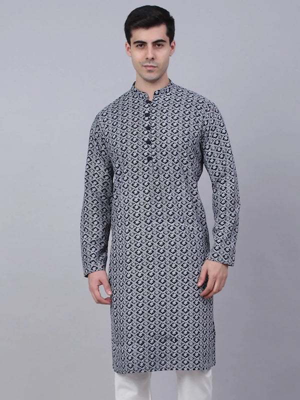 Men's Navy Blue & White embroidered Straight Kurtas ( KO 626 Navy )