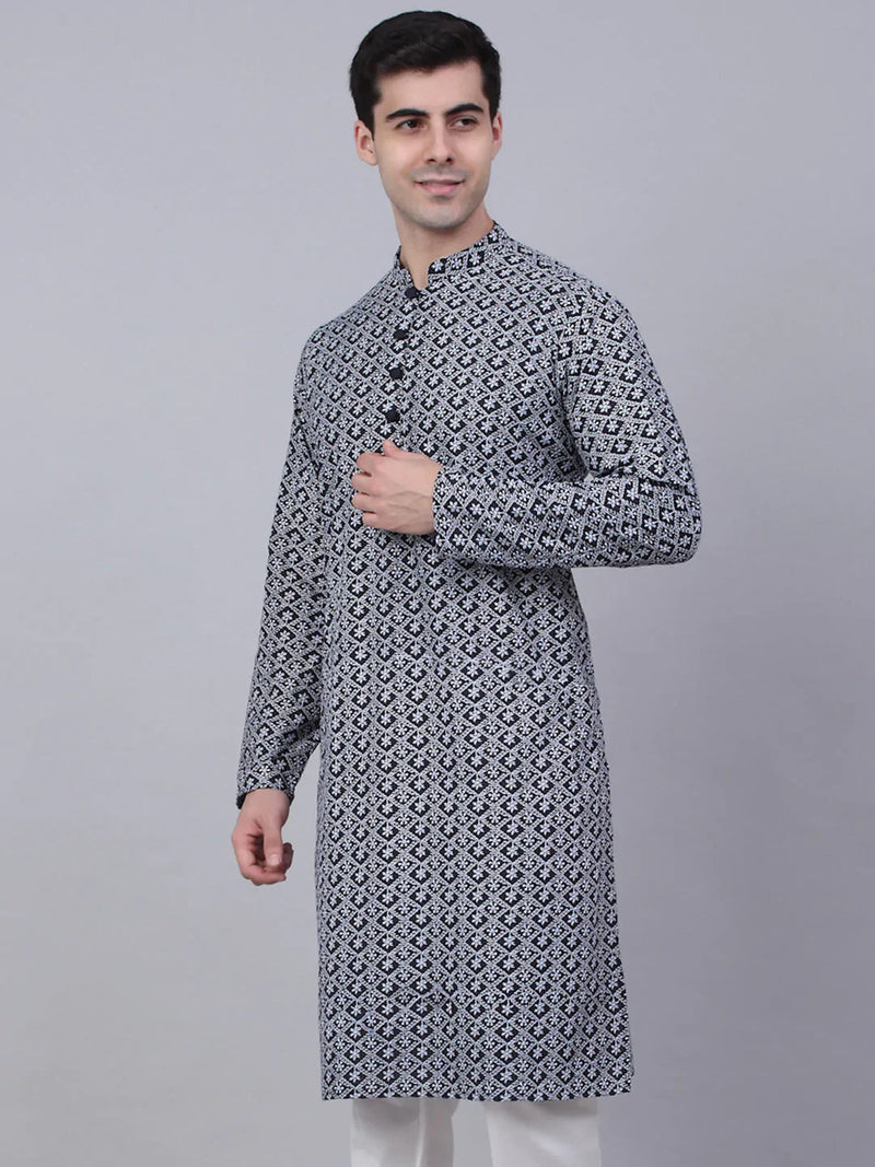 Men's Navy Blue & White embroidered Straight Kurtas ( KO 626 Navy )