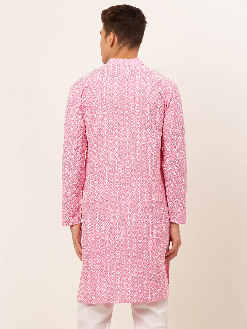 Men's Pink & White Embroidered Straight Kurtas ( KO 626 Pink )