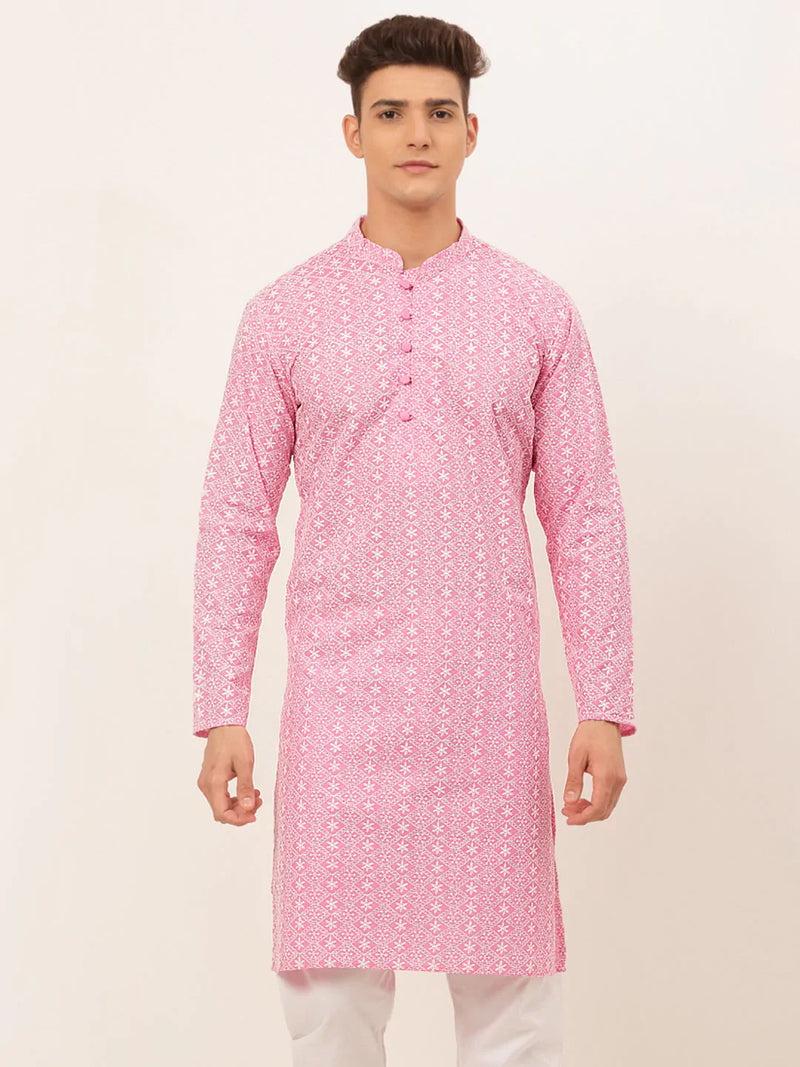 Men's Pink & White Embroidered Straight Kurtas ( KO 626 Pink )