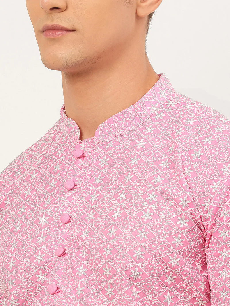 Men's Pink & White Embroidered Straight Kurtas ( KO 626 Pink )