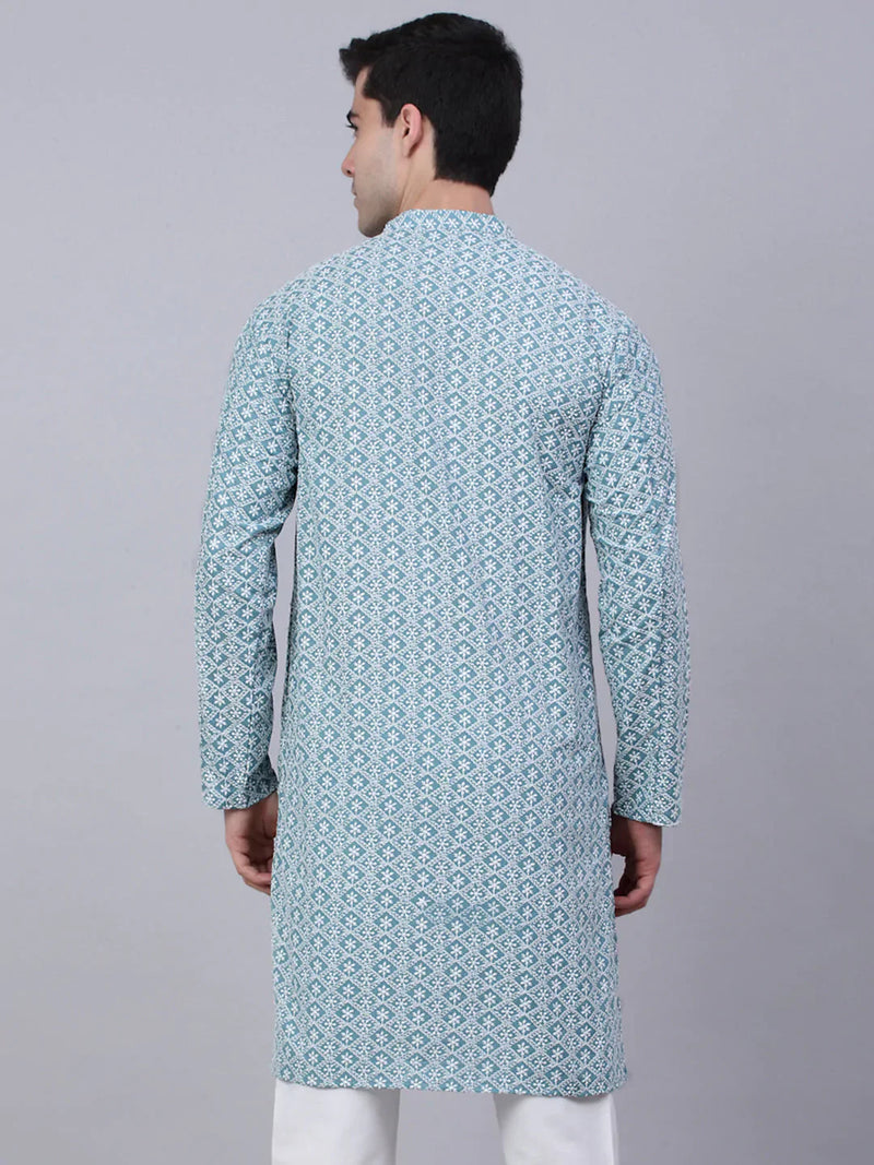 Men's Teal Blue & White embroidered Straight Kurtas ( KO 626 Teal )