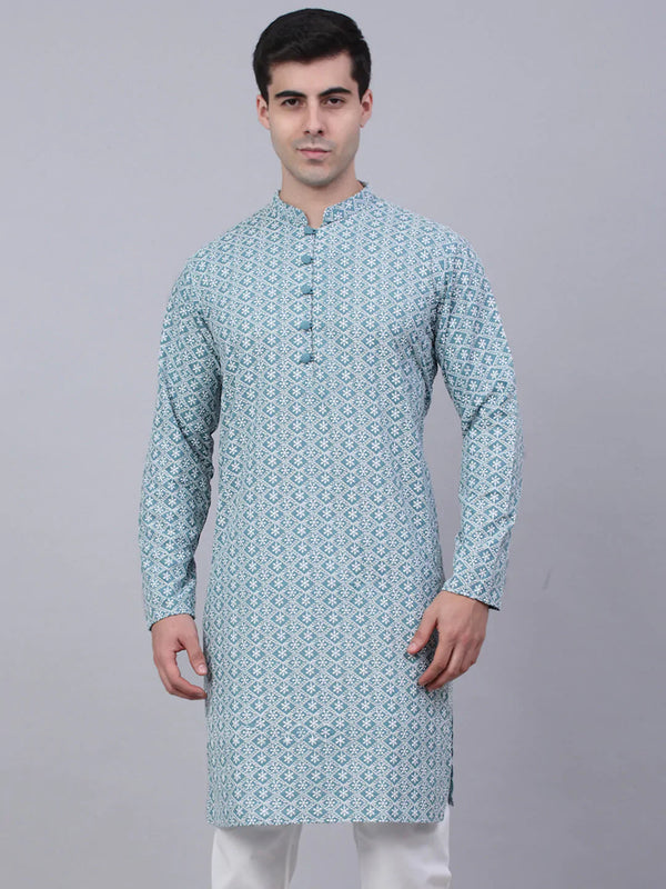 Men's Teal Blue & White embroidered Straight Kurtas ( KO 626 Teal )