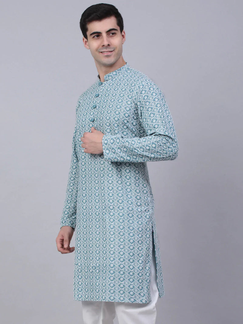 Men's Teal Blue & White embroidered Straight Kurtas ( KO 626 Teal )