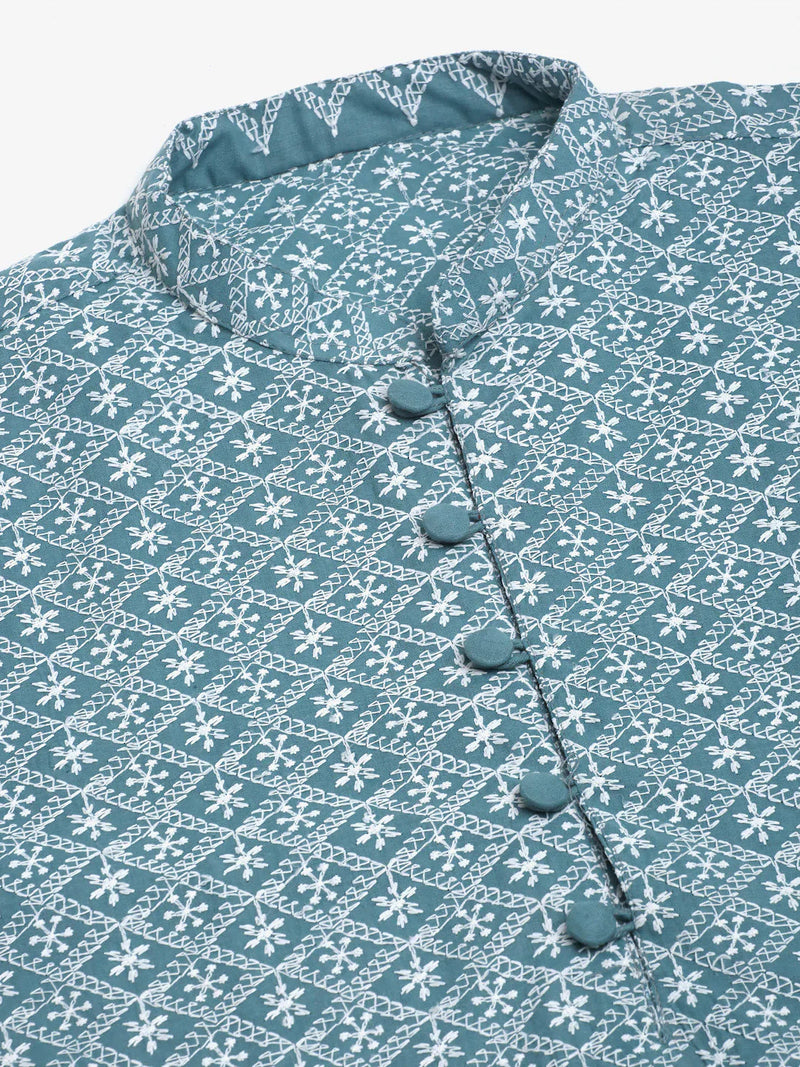 Men's Teal Blue & White embroidered Straight Kurtas ( KO 626 Teal )