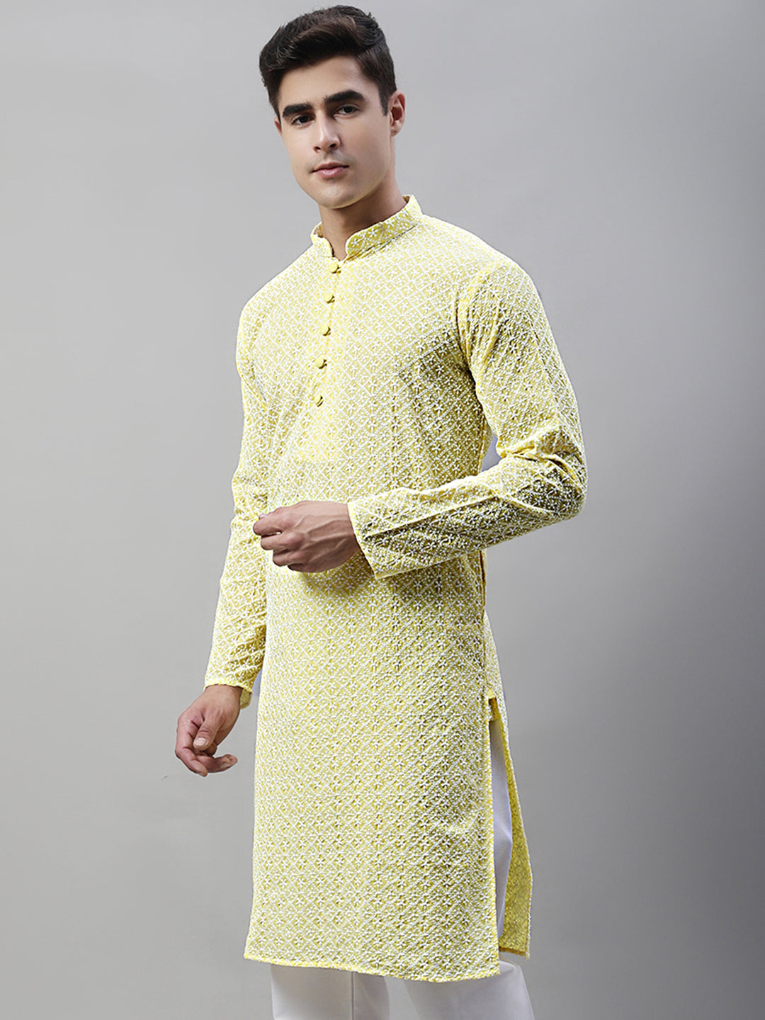 Jompers Men's Yellow Embroidered Kurta Only