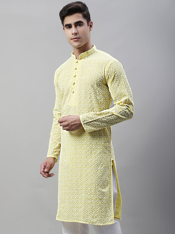 Jompers Men's Yellow Embroidered Kurta Only