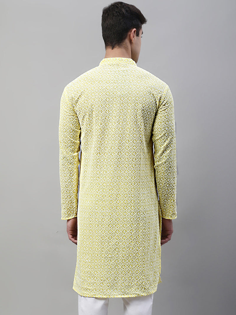 Jompers Men's Yellow Embroidered Kurta Only