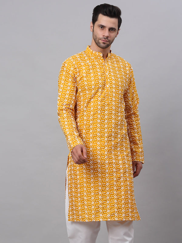 Men Mustard Embroidered Dupion Silk Kurtas ( KO 633Mustard )