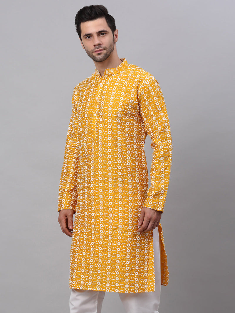 Men Mustard Embroidered Dupion Silk Kurtas ( KO 633Mustard )