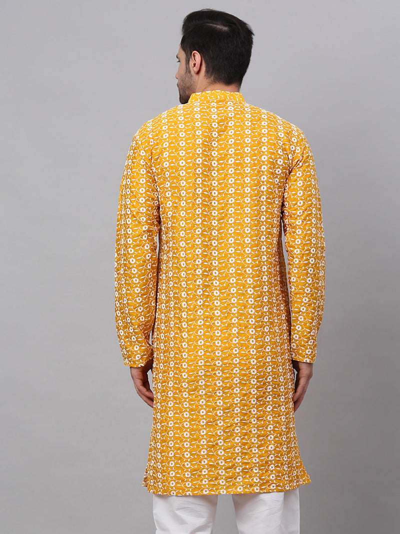 Men Mustard Embroidered Dupion Silk Kurtas ( KO 633Mustard )