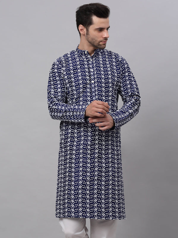 Men Navy Blue Embroidered Dupion Silk Kurtas ( KO 633Navy )