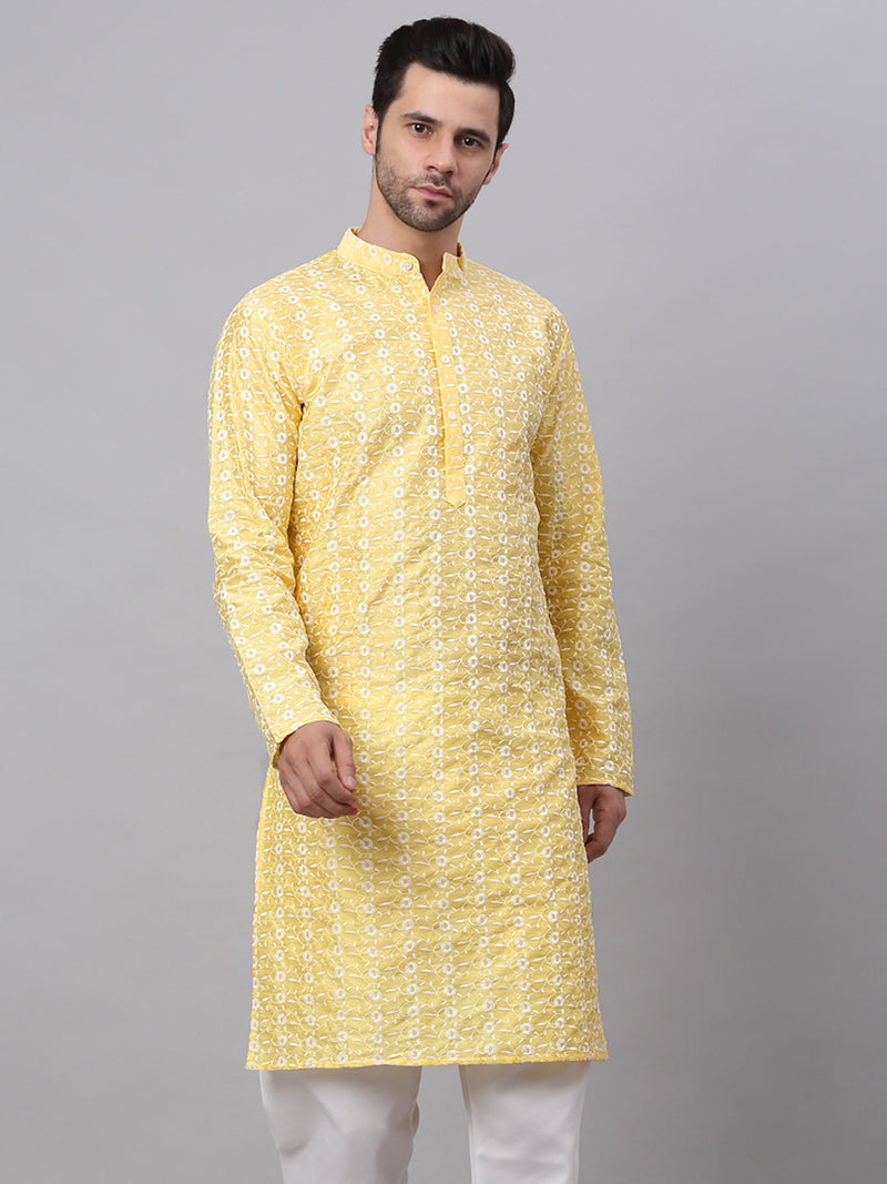 Men Yellow Embroidered Dupion Silk Kurtas ( KO 633Yellow )