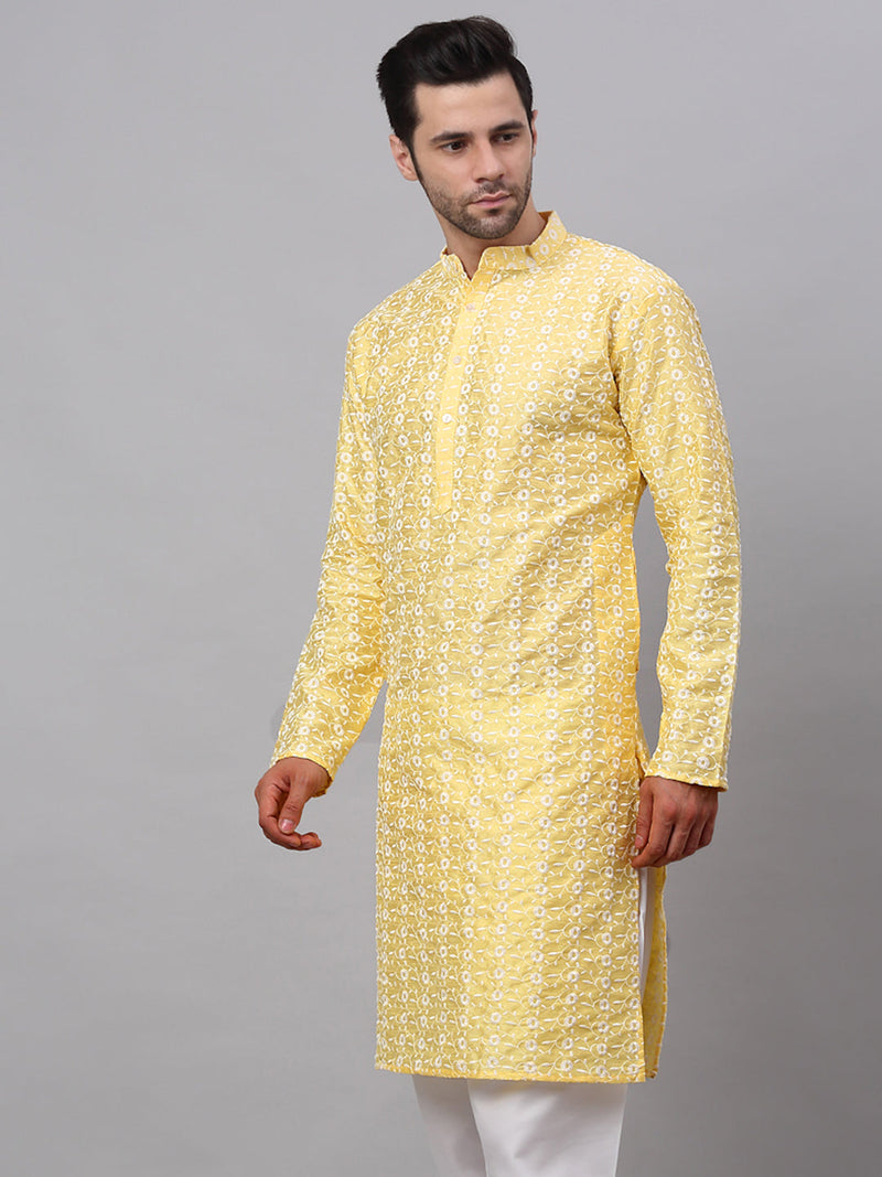 Men Yellow Embroidered Dupion Silk Kurtas ( KO 633Yellow )