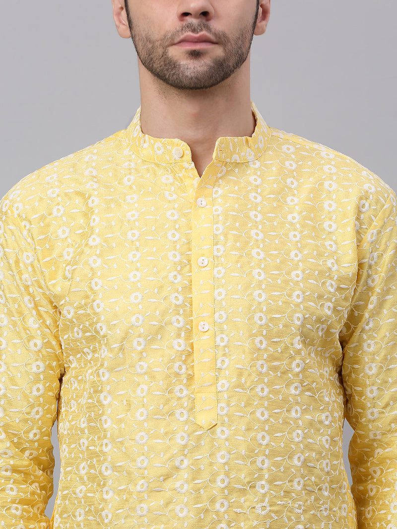 Men Yellow Embroidered Dupion Silk Kurtas ( KO 633Yellow )