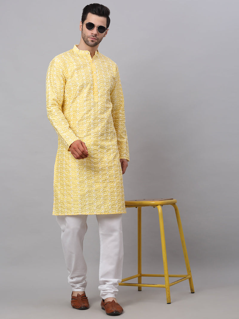 Men Yellow Embroidered Dupion Silk Kurtas ( KO 633Yellow )