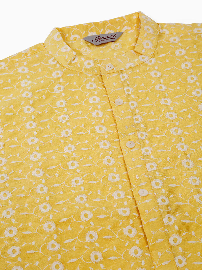 Men Yellow Embroidered Dupion Silk Kurtas ( KO 633Yellow )