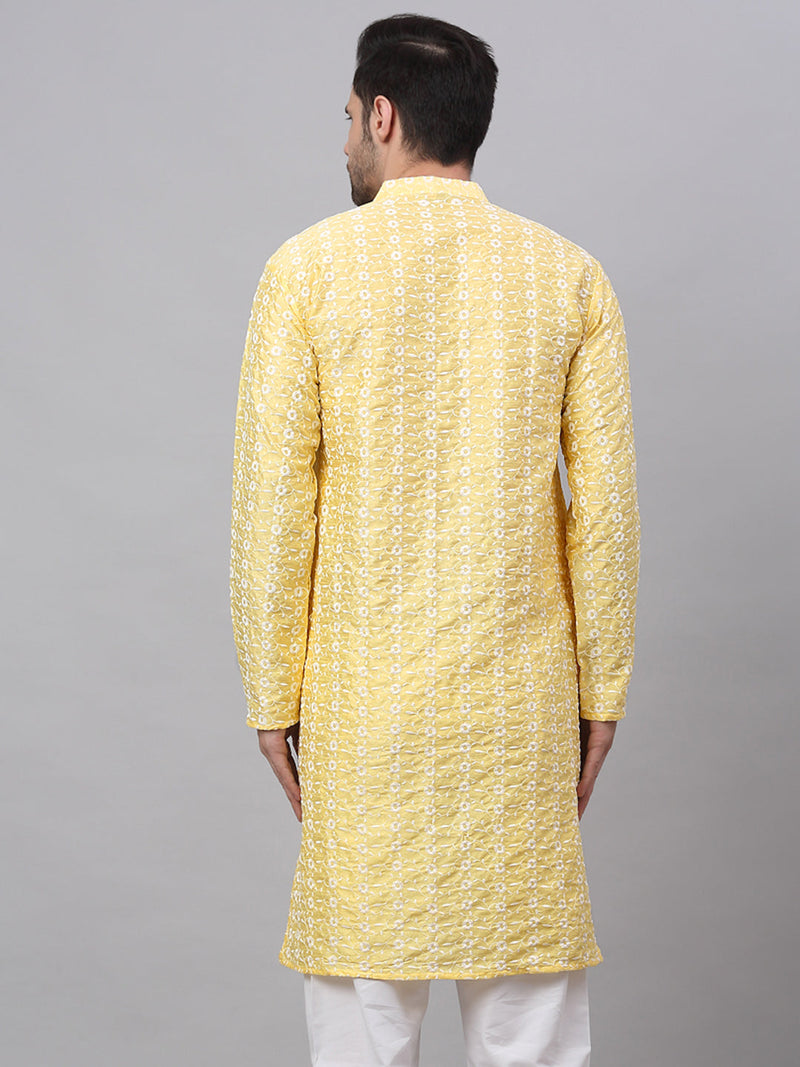 Men Yellow Embroidered Dupion Silk Kurtas ( KO 633Yellow )