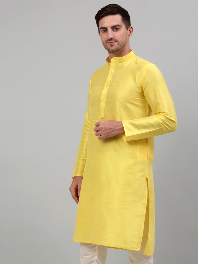 Men Lemon Yellow Dupion Silk Kurta Only