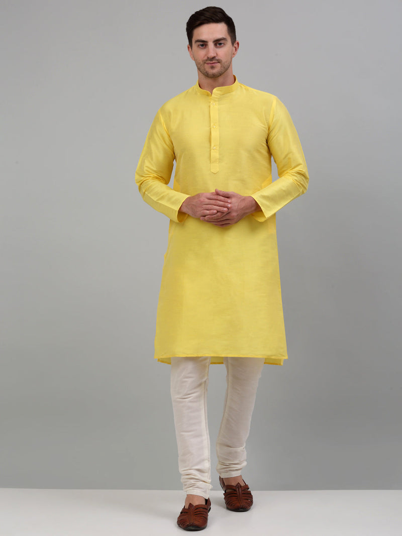 Men Lemon Yellow Dupion Silk Kurta Only