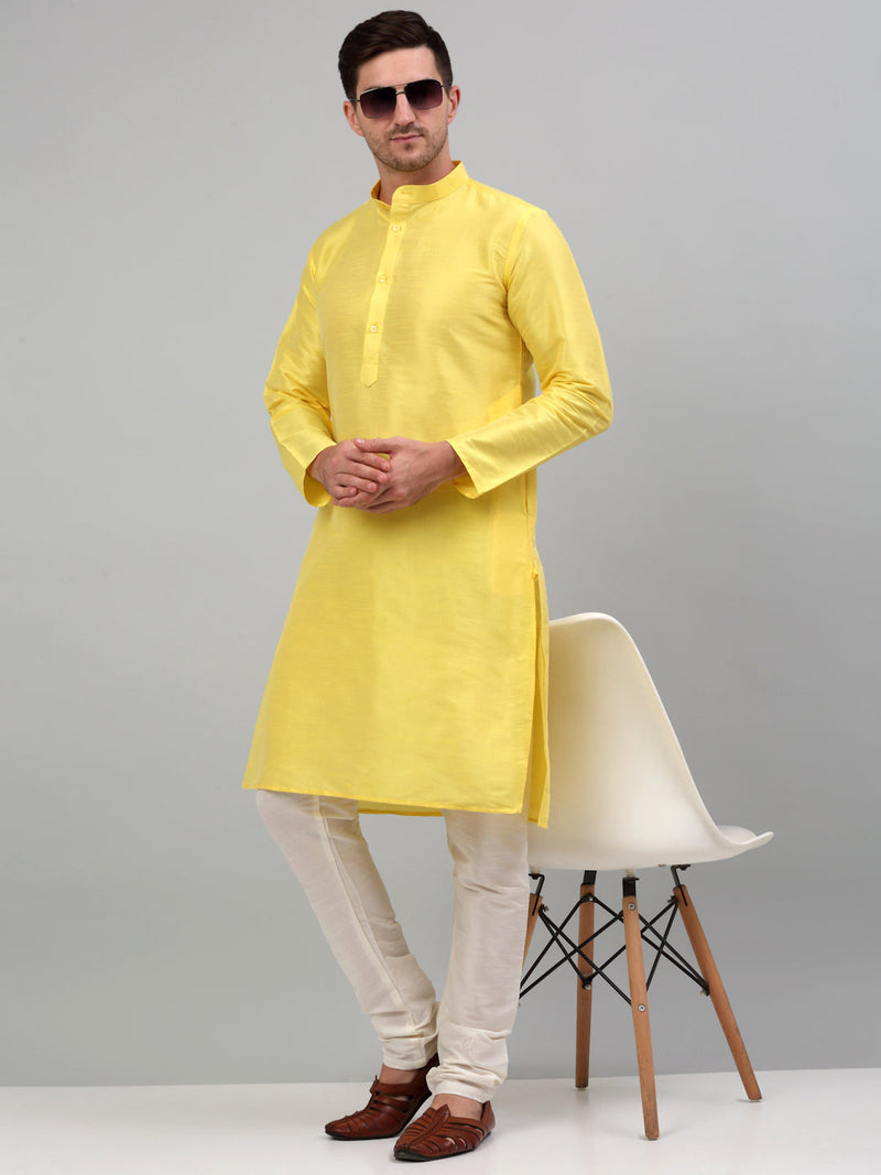 Men Lemon Yellow Dupion Silk Kurta Only