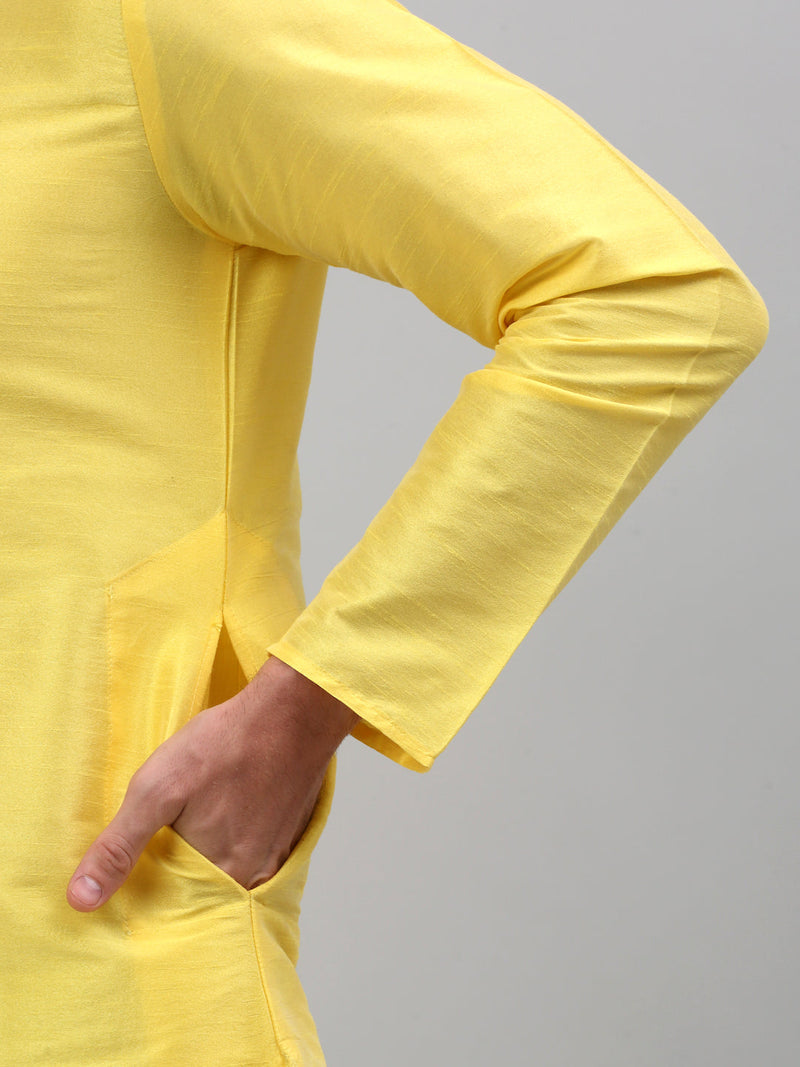 Men Lemon Yellow Dupion Silk Kurta Only