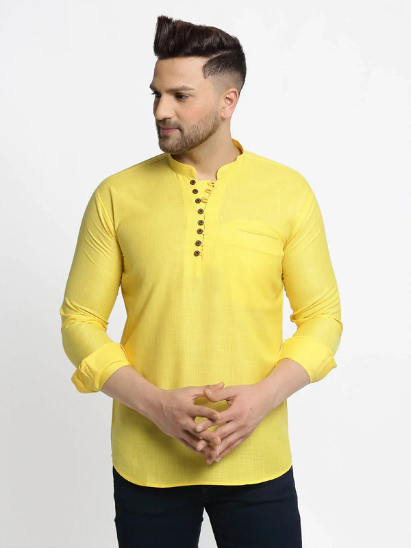 Jompers Men's Lemon Solid Cotton Short Kurta ( KO 639 Lemon )