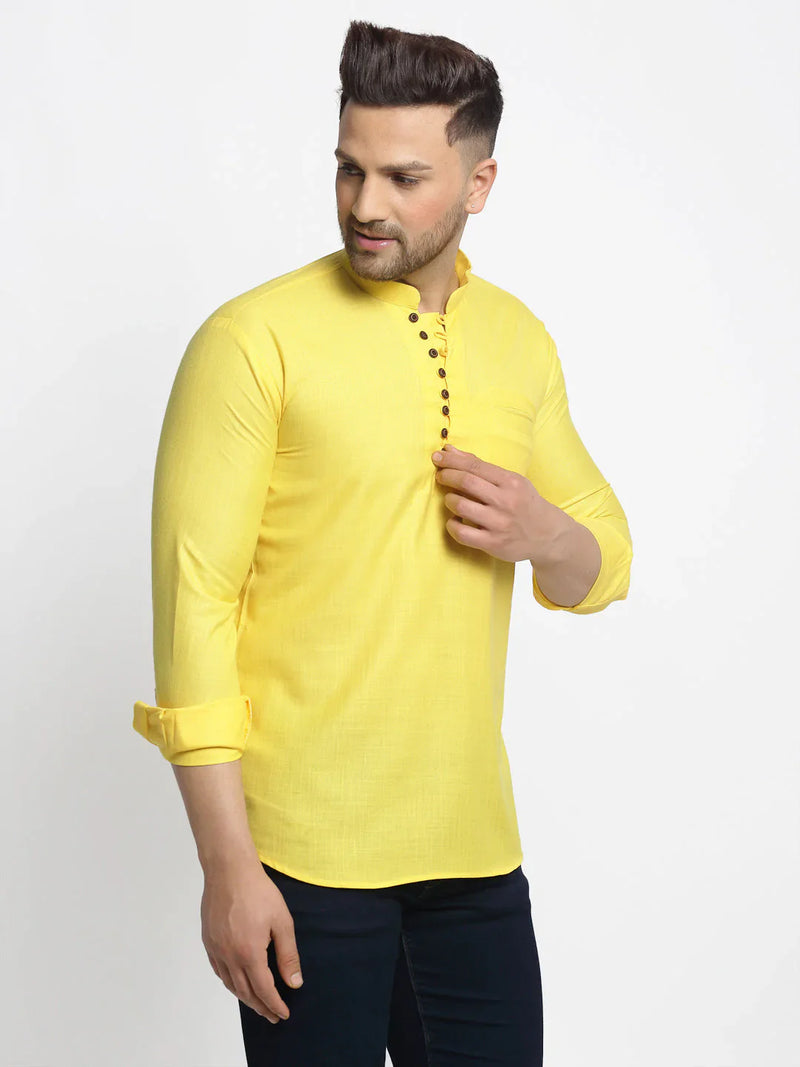 Jompers Men's Lemon Solid Cotton Short Kurta ( KO 639 Lemon )