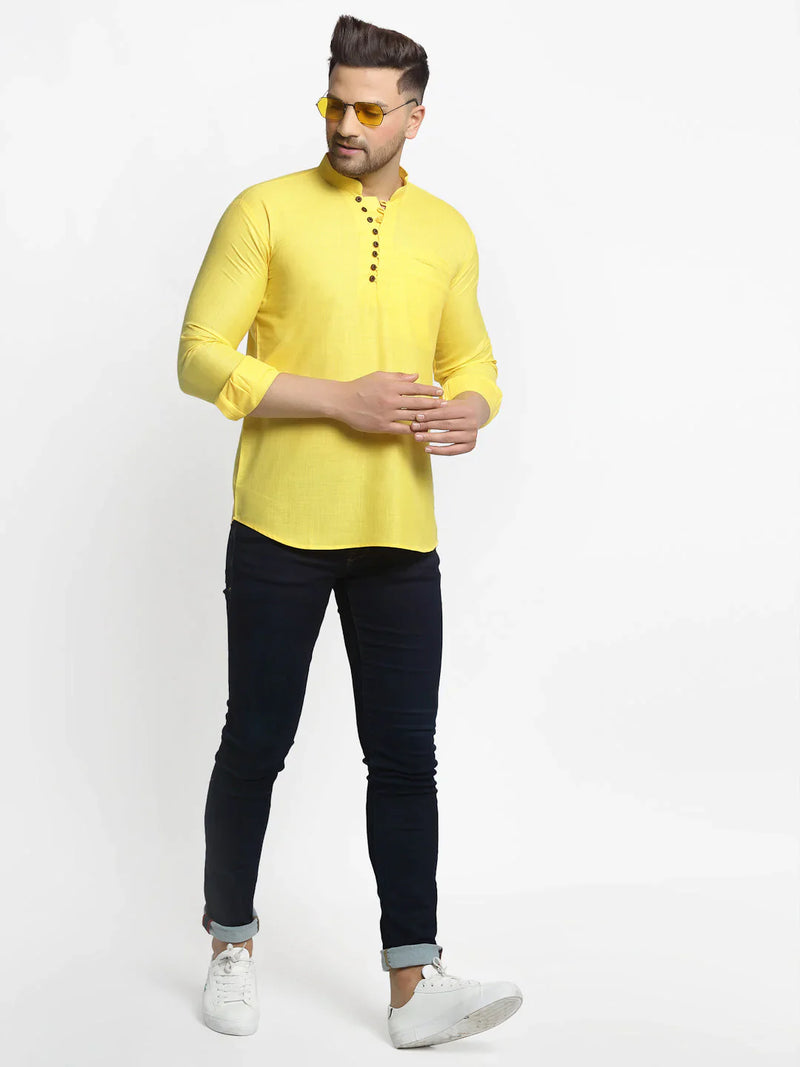 Jompers Men's Lemon Solid Cotton Short Kurta ( KO 639 Lemon )