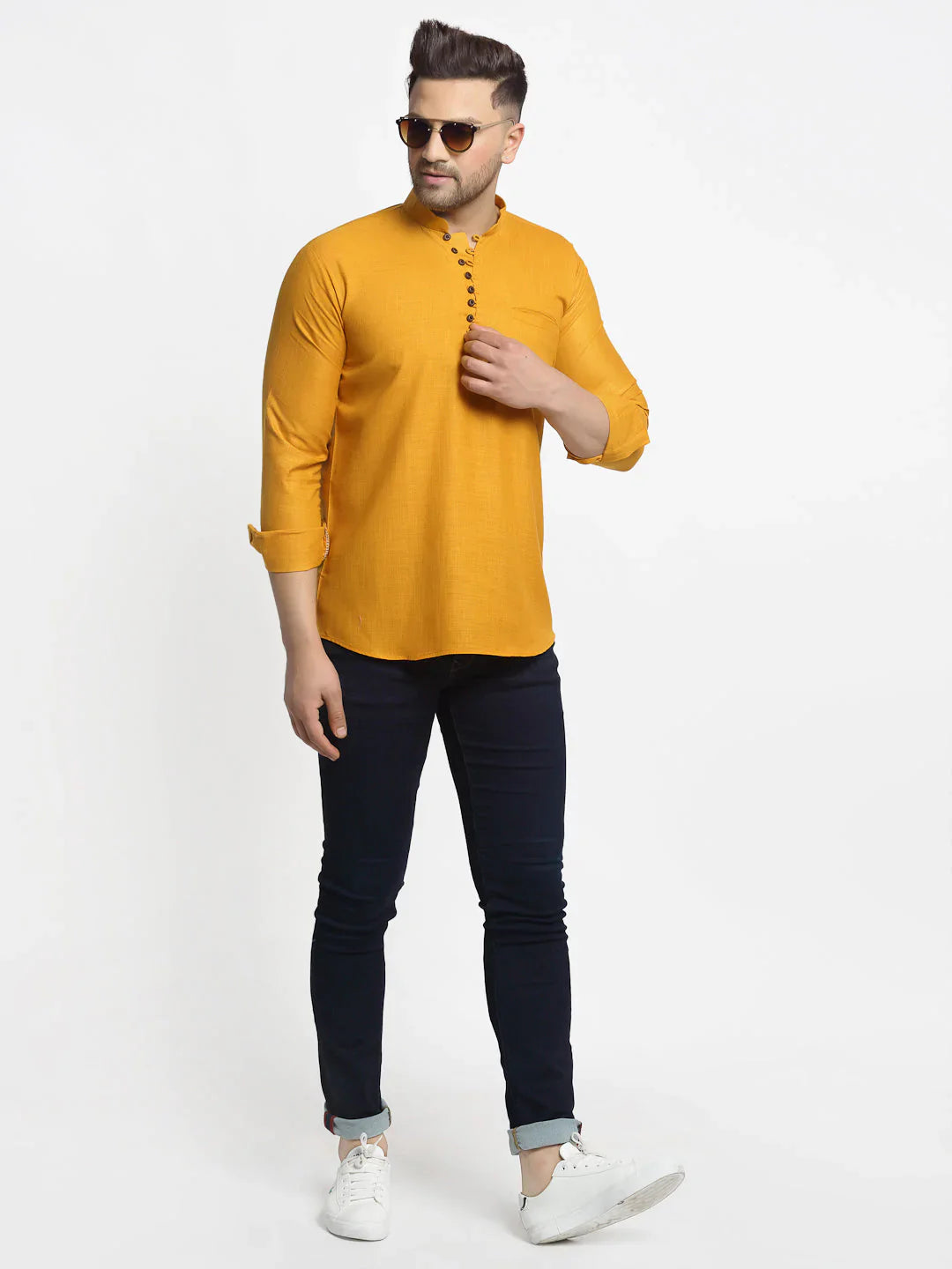 Jompers Men's Mustard Solid Cotton Short Kurta ( KO 639 Mustard )