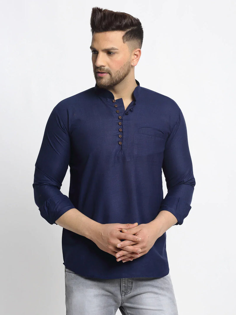 Jompers Men's Navy Blue Solid Cotton Short Kurta ( KO 639 Navy )