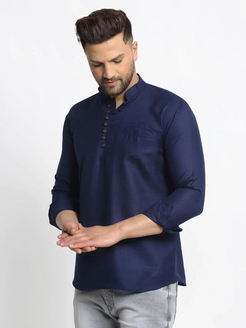 Jompers Men's Navy Blue Solid Cotton Short Kurta ( KO 639 Navy )