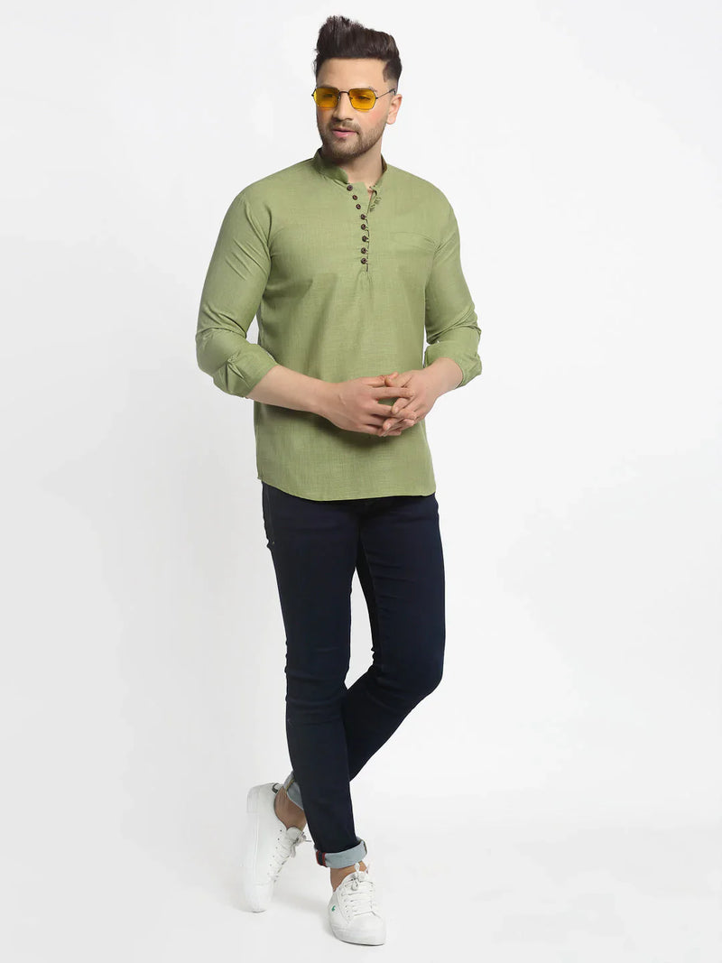 Jompers Men's Olive Green Solid Cotton Short Kurta ( KO 639 Olive )